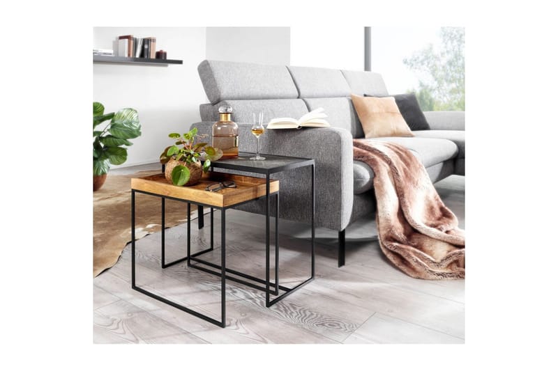 Sofabord Wohnling Sett med 2 Massivt Tre Brettstil Steinoptikk Industriell - Møbler - Bord - Avlastningsbord & sidobord - Settbord