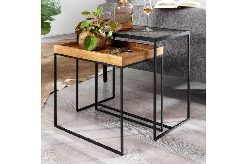 Sofabord Wohnling Sett med 2 Massivt Tre Brettstil Steinoptikk Industriell - Møbler - Bord - Avlastningsbord & sidobord - Lampebord & sidebord