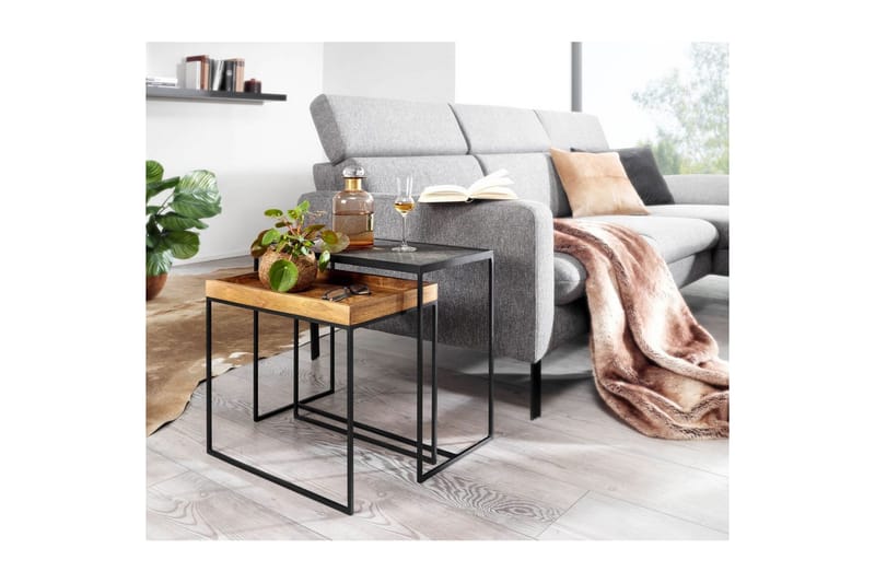 Sofabord Wohnling Sett med 2 Massivt Tre Brettstil Steinoptikk Industriell - Møbler - Bord - Avlastningsbord & sidobord - Lampebord & sidebord