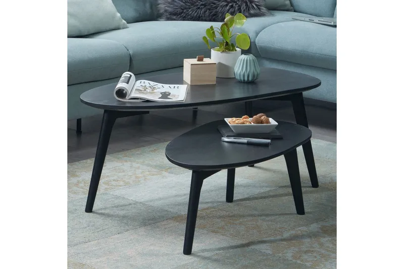 Sofabord Wohnling Sett med 2 nyreformet, massivt treverk, treben i landlig stil Svart - Svart - Møbler - Bord - Avlastningsbord & sidobord - Settbord