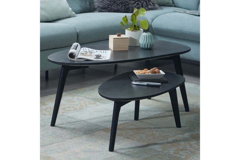 Sofabord Wohnling Sett med 2 nyreformet, massivt treverk, treben i landlig stil Svart - Svart - Møbler - Bord - Avlastningsbord & sidobord - Settbord