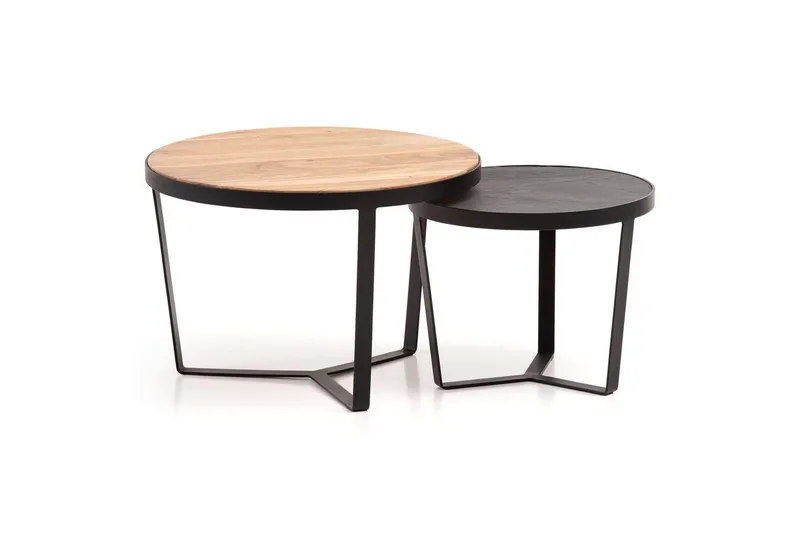 Sofabord Wohnling Sett med 2 runde i heltre og steinoptikk, design metallbase, landlig stil Svart, akasie, Svart, akasie