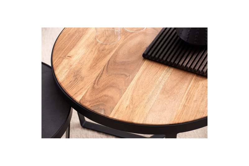 Sofabord Wohnling Sett med 2 runde i heltre og steinoptikk, design metallbase, landlig stil Svart, akasie - Svart, akasie - Møbler - Bord - Avlastningsbord & sidobord - Settbord