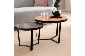 Sofabord Wohnling Sett med 2 runde i heltre og steinoptikk, design metallbase, landlig stil Svart, akasie - Svart, akasie - Møbler - Bord - Avlastningsbord & sidobord - Settbord