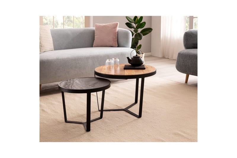 Sofabord Wohnling Sett med 2 runde i heltre og steinoptikk, design metallbase, landlig stil Svart, akasie - Svart, akasie - Møbler - Bord - Avlastningsbord & sidobord - Settbord