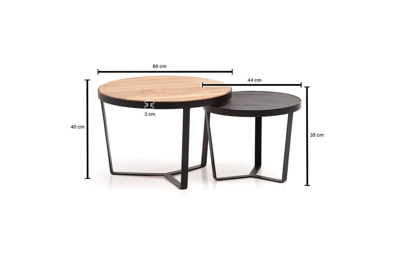 Sofabord Wohnling Sett med 2 runde i heltre og steinoptikk, design metallbase, landlig stil Svart, akasie - Svart, akasie - Møbler - Bord - Avlastningsbord & sidobord - Settbord