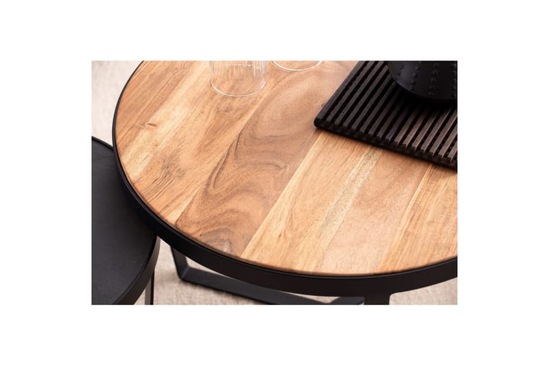 Sofabord Wohnling Sett med 2 runde i heltre og steinoptikk, design metallbase, landlig stil Svart, akasie - Svart, akasie - Møbler - Bord - Avlastningsbord & sidobord - Settbord