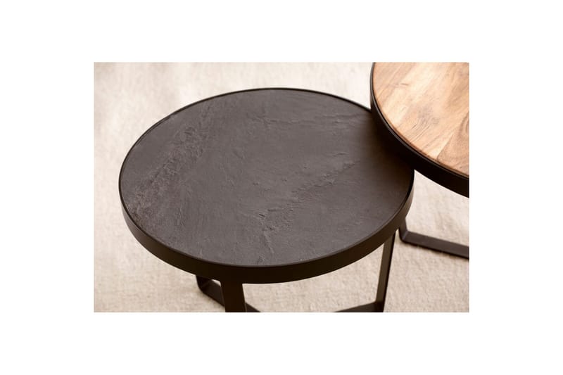 Sofabord Wohnling Sett med 2 runde i heltre og steinoptikk, design metallbase, landlig stil Svart, akasie - Svart, akasie - Møbler - Bord - Avlastningsbord & sidobord - Settbord