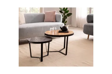 Sofabord Wohnling Sett med 2 runde i heltre og steinoptikk, design metallbase, landlig stil Svart, akasie - Svart, akasie - Møbler - Bord - Avlastningsbord & sidobord - Settbord