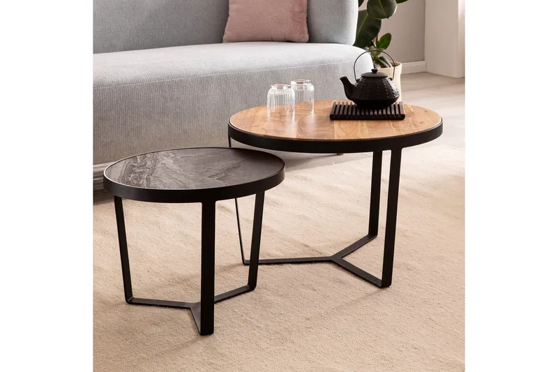 Sofabord Wohnling Sett med 2 runde i heltre og steinoptikk, design metallbase, landlig stil Svart, akasie - Svart, akasie - Møbler - Bord - Avlastningsbord & sidobord - Settbord