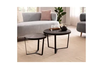 Sofabord Wohnling Sett med 2 runde i heltre og steinoptikk, design metallbase, landlig stil Svart, svart - Svart, svart - Møbler - Bord - Avlastningsbord & sidobord - Settbord