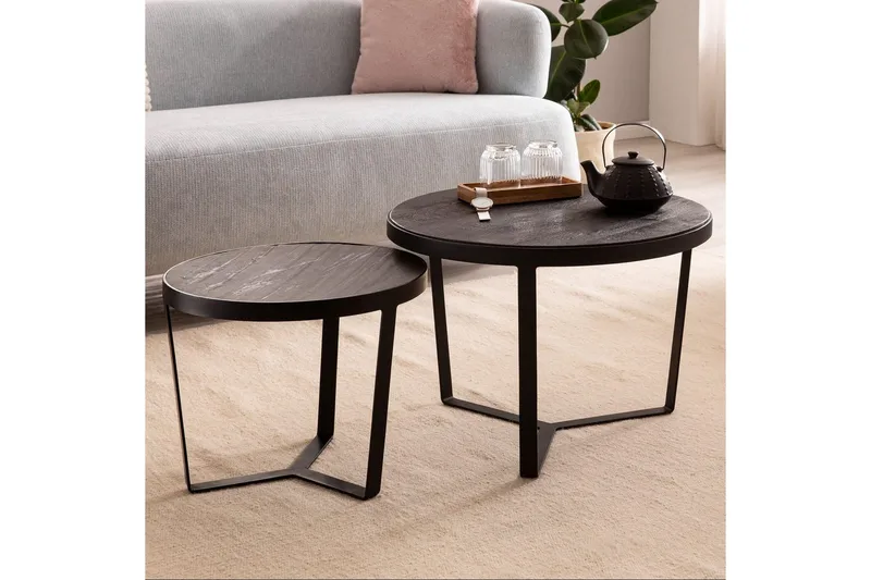 Sofabord Wohnling Sett med 2 runde i heltre og steinoptikk, design metallbase, landlig stil Svart, svart - Svart, svart - Møbler - Bord - Avlastningsbord & sidobord - Settbord