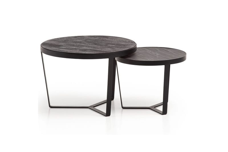 Sofabord Wohnling Sett med 2 runde i heltre og steinoptikk, design metallbase, landlig stil Svart, svart, Svart, svart