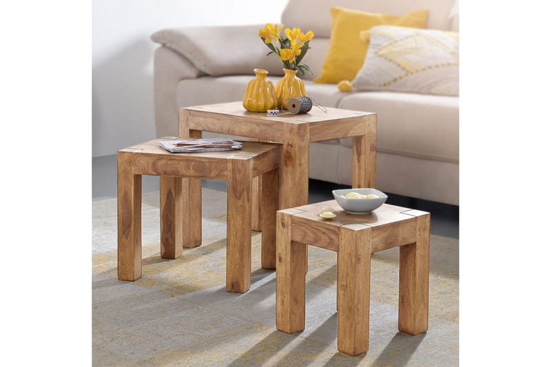 Sofabord Wohnling Sett med 3 bord i heltre, 4 bein, landlig stil Akasie - Akasie - Møbler - Bord - Avlastningsbord & sidobord - Settbord