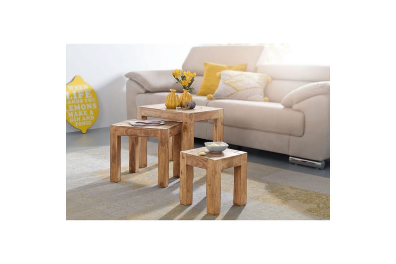 Sofabord Wohnling Sett med 3 bord i heltre, 4 bein, landlig stil Akasie - Akasie - Møbler - Bord - Avlastningsbord & sidobord - Settbord
