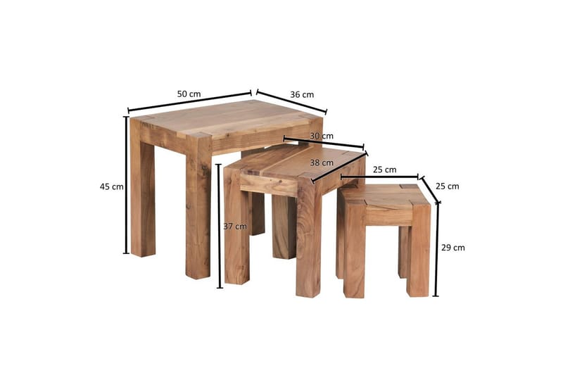 Sofabord Wohnling Sett med 3 bord i heltre, 4 bein, landlig stil Akasie - Akasie - Møbler - Bord - Avlastningsbord & sidobord - Settbord