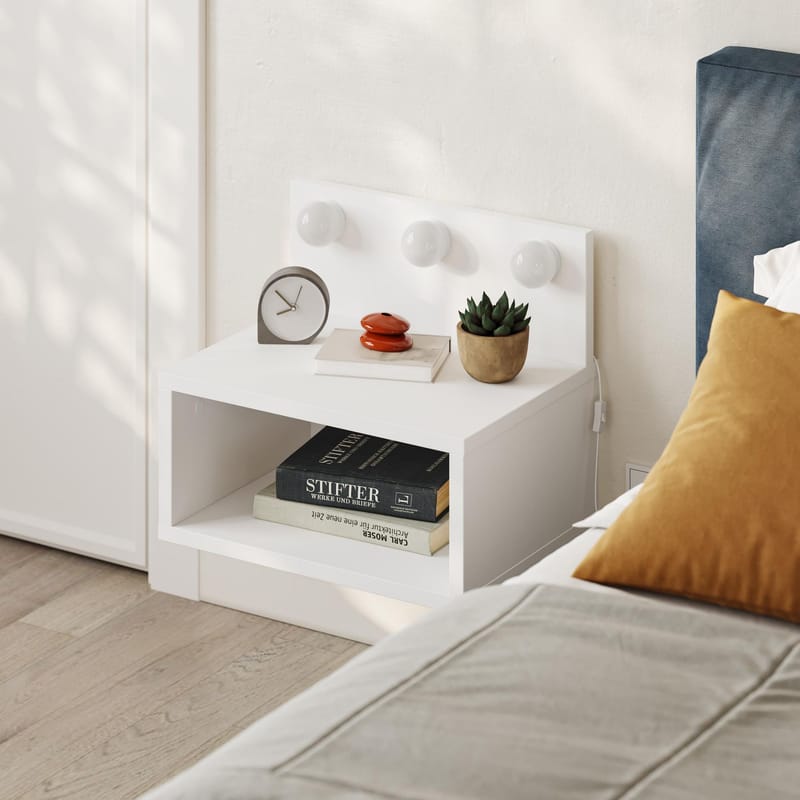 Sumira Veggmontert Nattbord 40 cm, Oppbevaring med Hylle og LED-belysning - Hvit - Møbler - Bord - Avlastningsbord & sidobord - Sengebord & nattbord