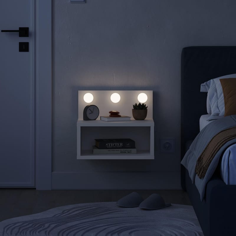 Sumira Veggmontert Nattbord 40 cm, Oppbevaring med Hylle og LED-belysning - Hvit - Møbler - Bord - Avlastningsbord & sidobord - Sengebord & nattbord