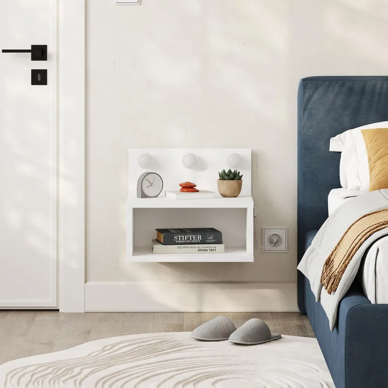 Sumira Veggmontert Nattbord 40 cm, Oppbevaring med Hylle og LED-belysning - Hvit - Møbler - Bord - Avlastningsbord & sidobord - Sengebord & nattbord