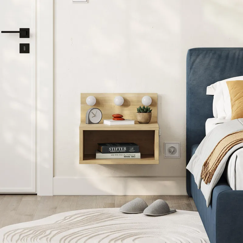 Sumira Veggmontert Nattbord 40 cm med Tre- og Eikeutseende, Oppbevaring med Hylle og LED-belysning - Brun - Møbler - Bord - Avlastningsbord & sidobord - Sengebord & nattbord