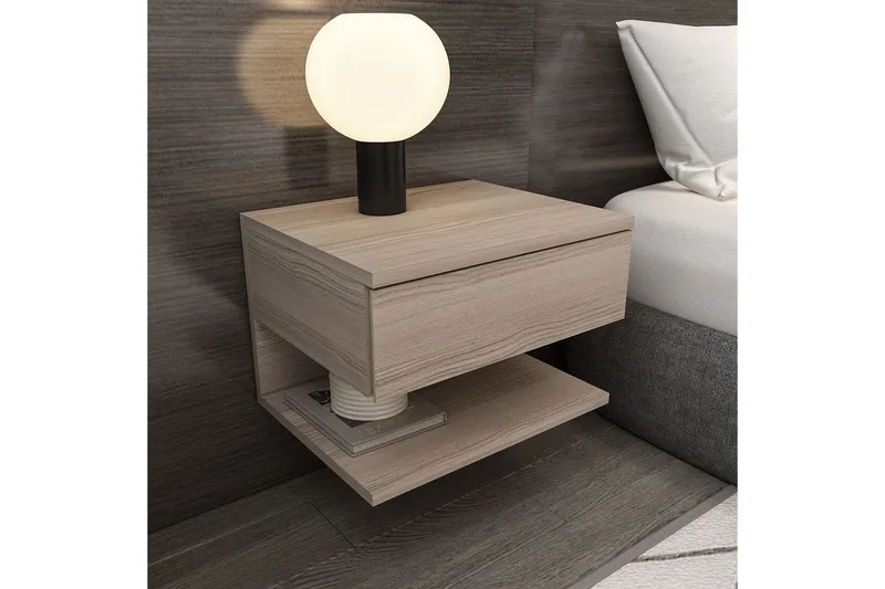 Telo Vegghengt Nattbord 45 cm med Tre- og Eikeutseende, Oppbevaring med Skuff - Lyst Tre - Møbler - Bord - Avlastningsbord & sidobord - Sengebord & nattbord