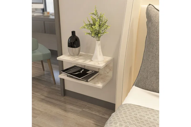 Torvic Veggmontert Nattbord 45 cm med Marmorutseende, Oppbevaring med Hylle - Hvit - Møbler - Bord - Avlastningsbord & sidobord - Sengebord & nattbord