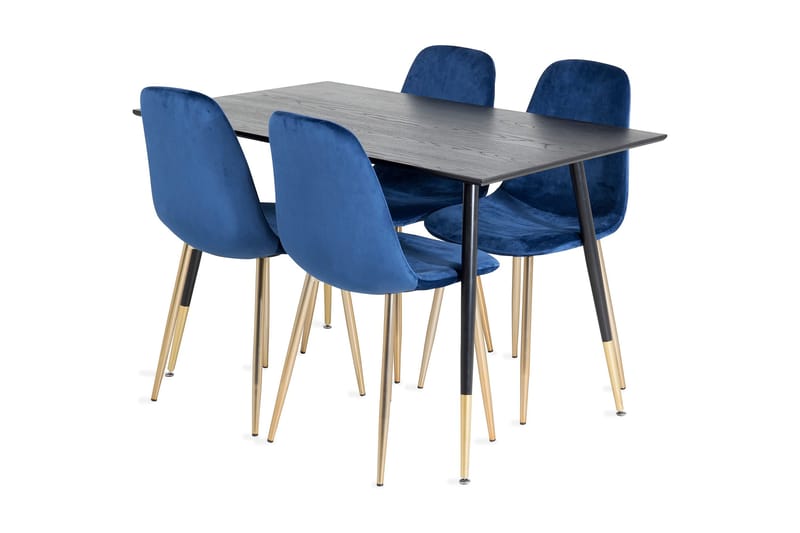 Balisa spisegruppe 120 cm inkl. 4 Valeri-fløyelsstoler, Svart/Blå/Messing