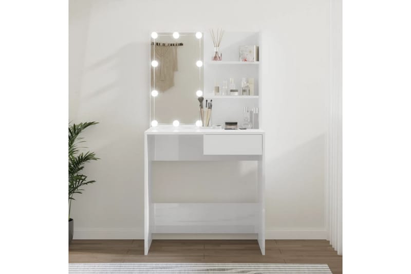 beBasic Sminkebord med LED høyglans hvit 74,5x40x141 cm - Hvit - Sminkebord & toalettbord