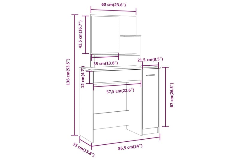 beBasic Sminkebordsett betonggrå 86,5x35x136 cm - GrÃ¥ - Sminkebord & toalettbord