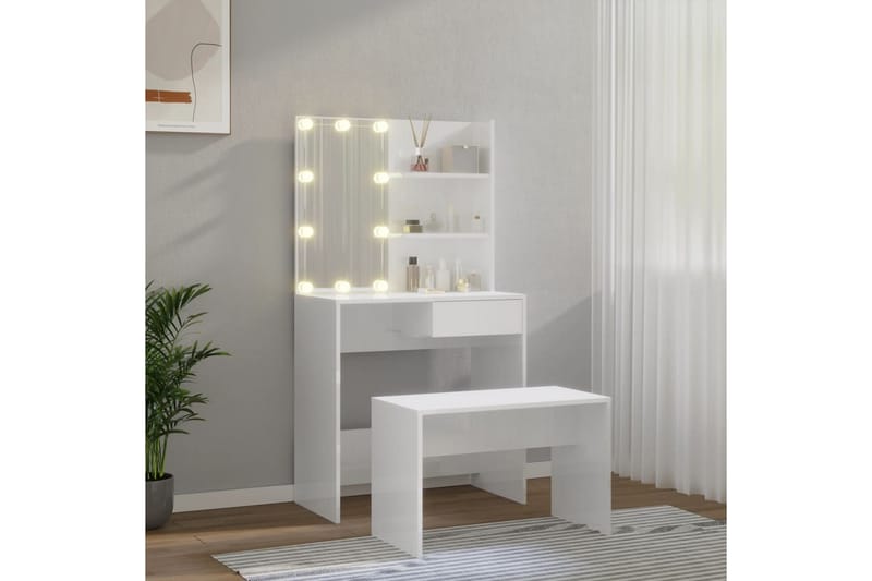 beBasic Sminkebordsett med LED høyglans hvit konstruert tre - Hvit - Sminkebord & toalettbord
