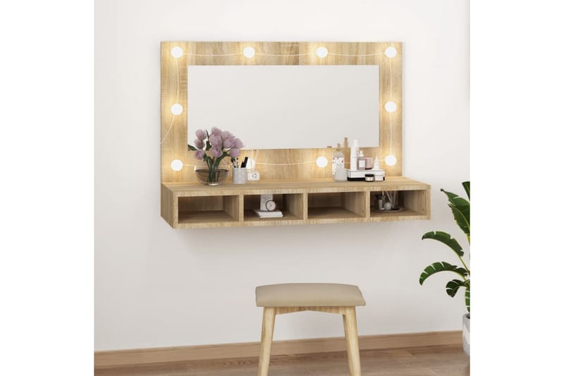 beBasic Speilskap med LED sonoma eik 90x31,5x62 cm - Brun - Sminkebord & toalettbord