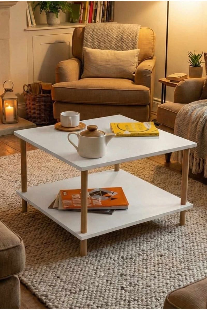 Belvo 60x42,5x60 cm Rektangulært Sofabord med Hyller i Malt Tre, Hvit