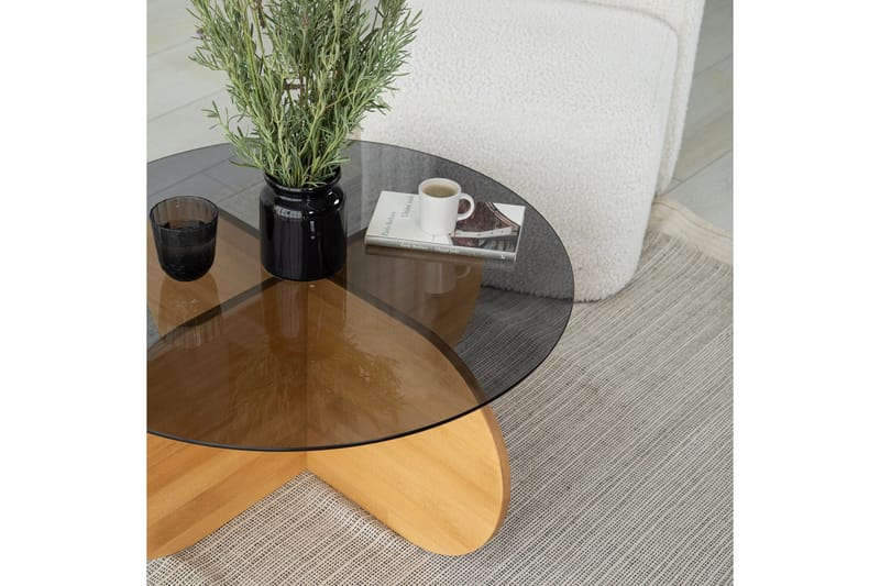 Bengul 75 cm Rundt Sofabord i Glass med Understell i Tre - Røykgrå - Møbler - Bord - Sofabord & salongbord