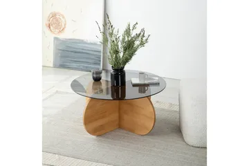 Bengul 75 cm Rundt Sofabord i Glass med Understell i Tre - Røykgrå - Møbler - Bord - Sofabord & salongbord