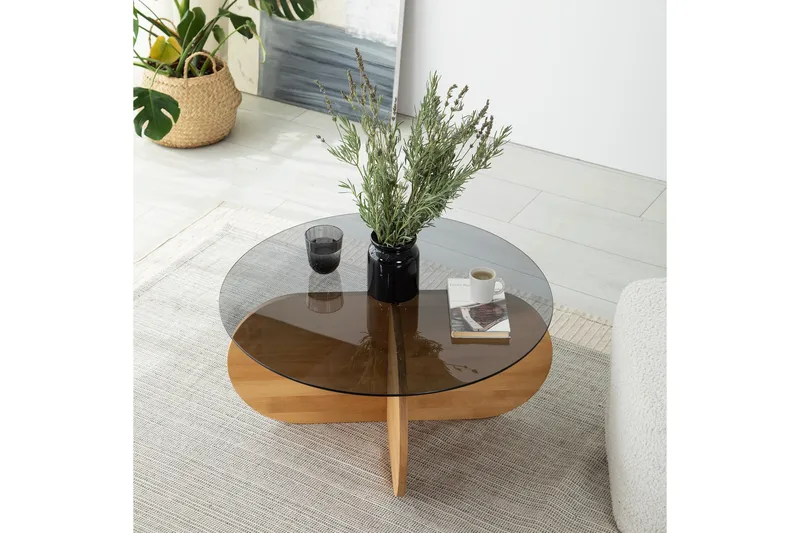 Bengul 75 cm Rundt Sofabord i Glass med Understell i Tre - Røykgrå - Møbler - Bord - Sofabord & salongbord