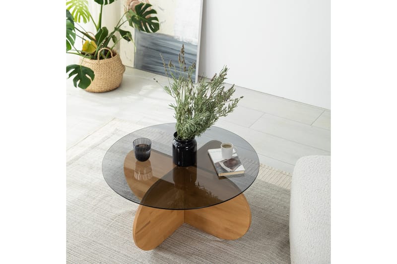 Bengul 75 cm Rundt Sofabord i Glass med Understell i Tre - Røykgrå - Møbler - Bord - Sofabord & salongbord