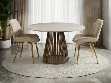 Beylen Rundt Uttrekkbart Spisebord 100–176 cm - beige travertin og kobber - Møbler - Bord - Spisebord & kjøkkenbord