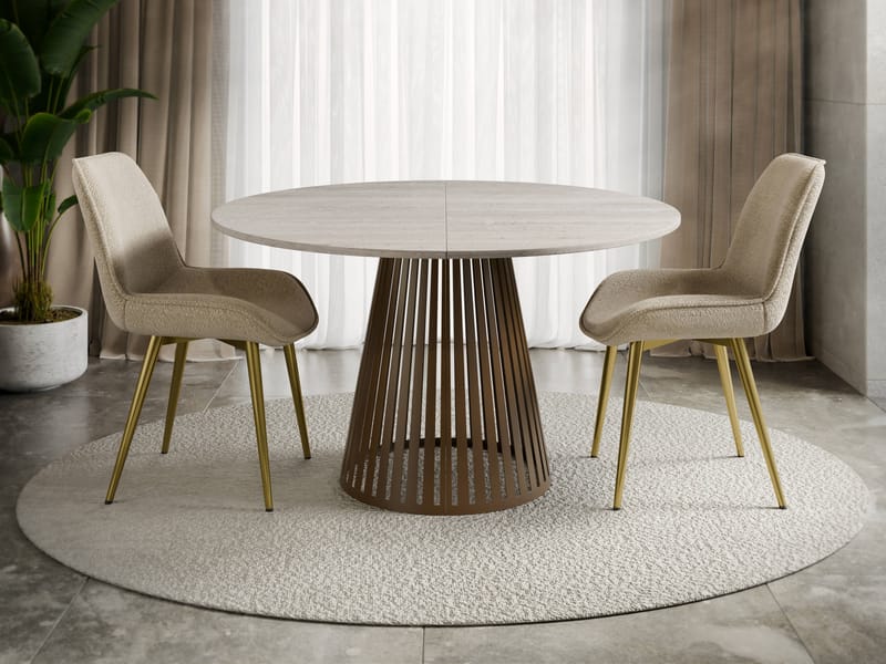 Beylen Rundt Uttrekkbart Spisebord 120–196 cm - beige travertin og kobber - Møbler - Bord - Spisebord & kjøkkenbord