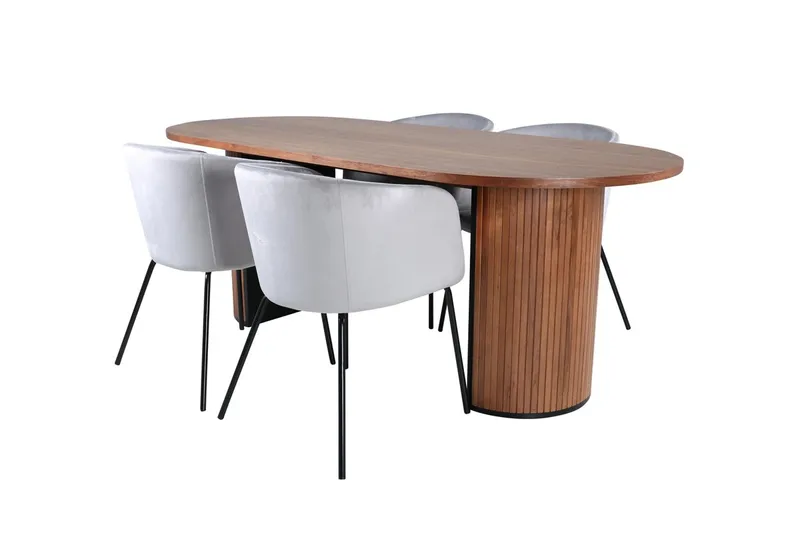 Bianca Oval Spisegruppe 200 cm med 4 Berit Spisestoler - valnøtt og lysegrå - Møbler - Bord - Spisegruppe