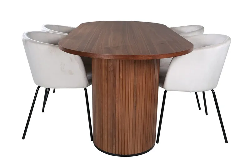 Bianca Oval Spisegruppe 200 cm med 4 Berit Spisestoler - valnøttfarget, beige og svart - Møbler - Bord - Spisegruppe