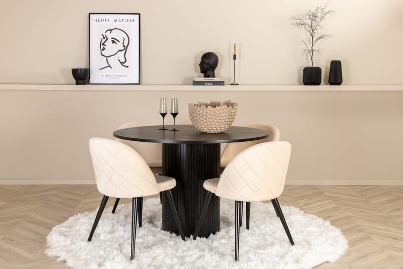 Bianca rundt spisebord med 4 stk. Velvet spisestoler