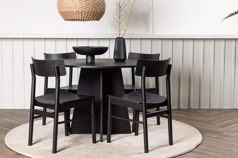 Bootcut spisebord 110 cm rundt med 4 Montros spisestoler