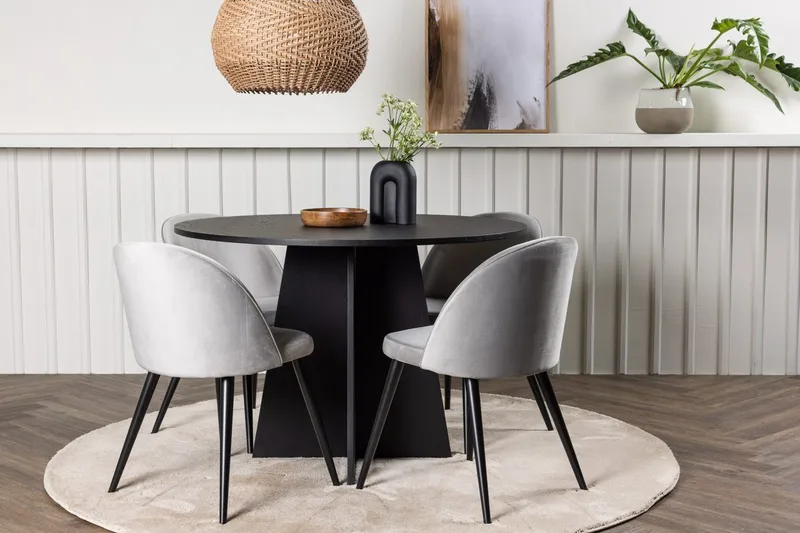 Bootcut spisebord 110 cm rundt med 4 Velvet kjøkkenstoler i fløyel