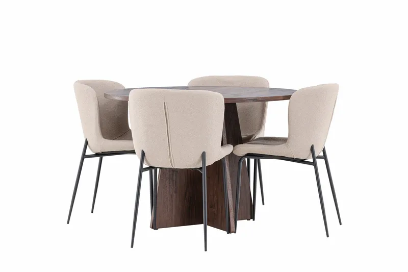 Bootcut Spisegruppe 110 cm Rund med 4 Modesto stoler, Mocca/Beige