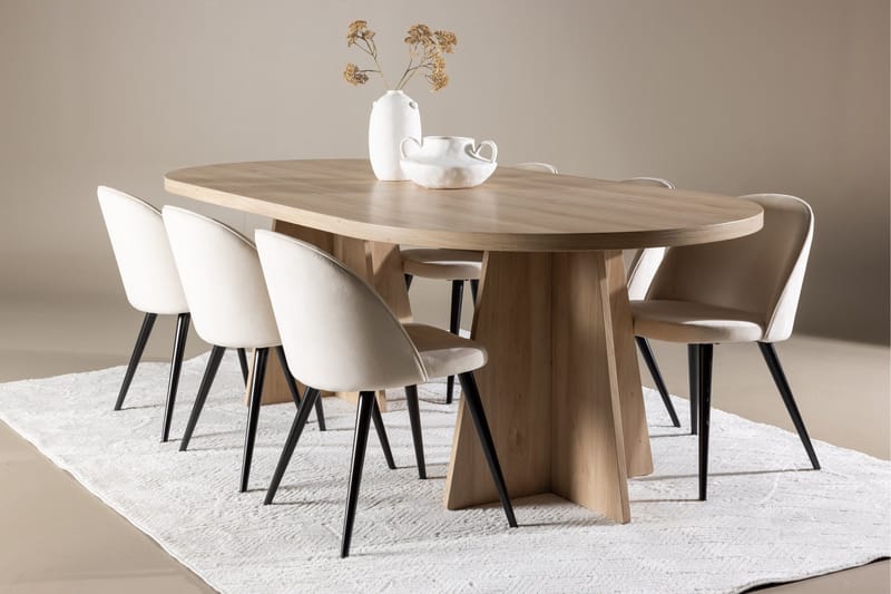 Bootcut Spisegruppe 230 cm Rektangulær med 6 Velvet stoler - Whitewash/Beige - Møbler - Bord - Spisegruppe