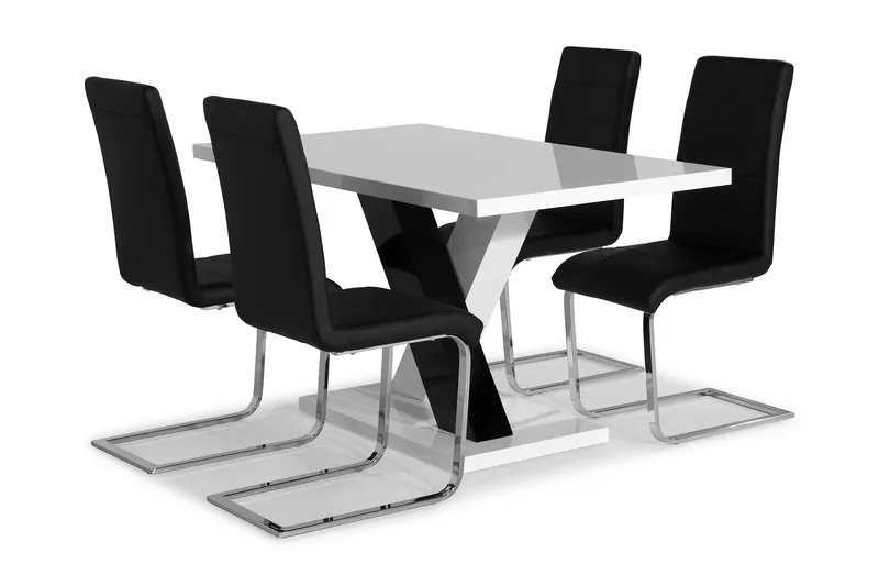 Cesi Spisegruppe 140 cm med 4 Cibus Stol, Hvit/Svart/Svart PU/Krom