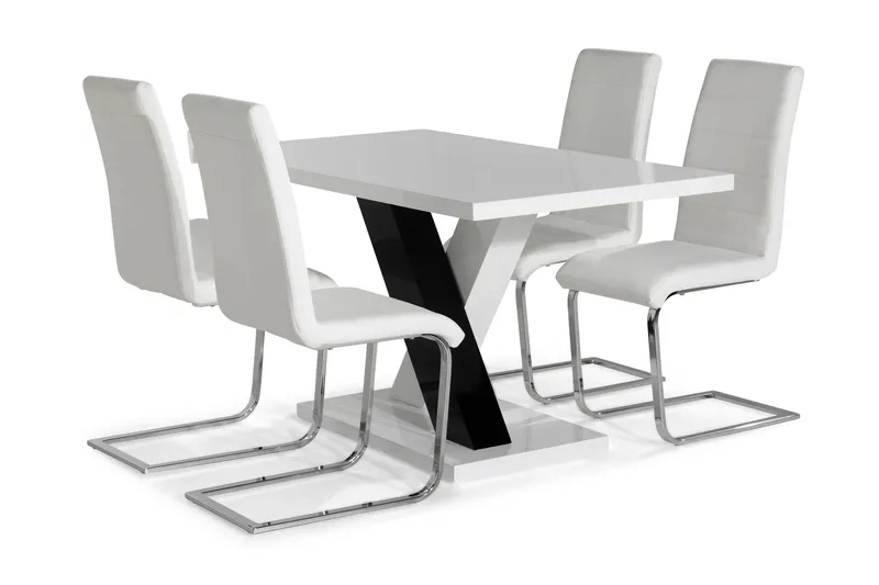 Cesi Spisegruppe 140 cm med 4 Cibus Stoler, Hvit/Svart/Svart PU/Krom