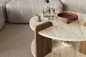 Cindral sofabord 70 cm rundt - Travertin og Valnøtt - Møbler - Bord - Sofabord & salongbord