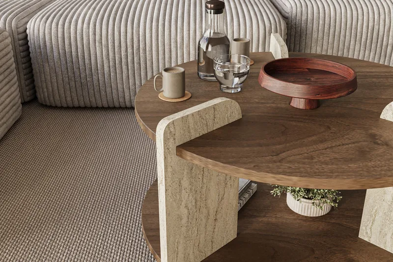 Cindral sofabord 70 cm rundt - Valnøtt og Travertin - Møbler - Bord - Sofabord & salongbord