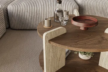 Cindral sofabord 70 cm rundt - Valnøtt og Travertin - Møbler - Bord - Sofabord & salongbord